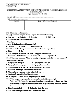 Bài kiểm tra 15 phút môn Ngữ văn 7 học kỳ II - Năm học 2019-2020 - Bài ôn tập số 7 (Nghỉ dịch cúm covid-19) - Trường THCS Thành Nhất